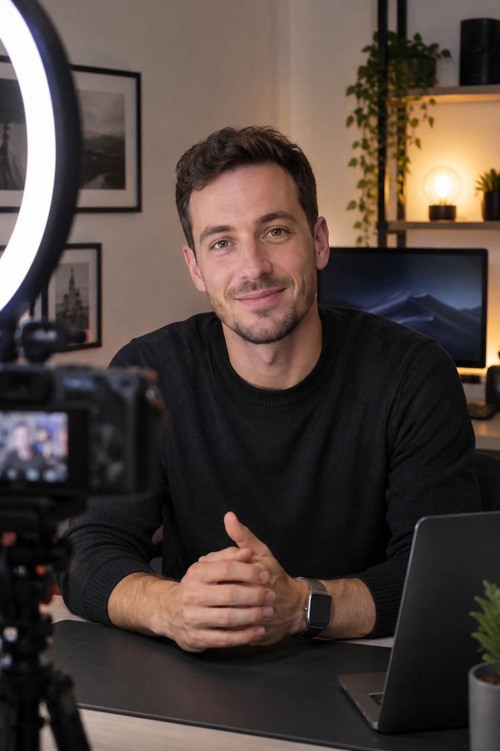Liam Carter creating video content with a camera and ring light