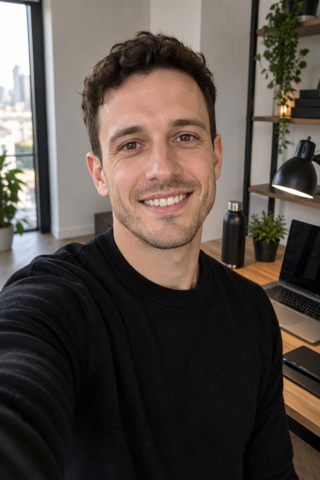 Liam Carter taking a selfie in a modern office